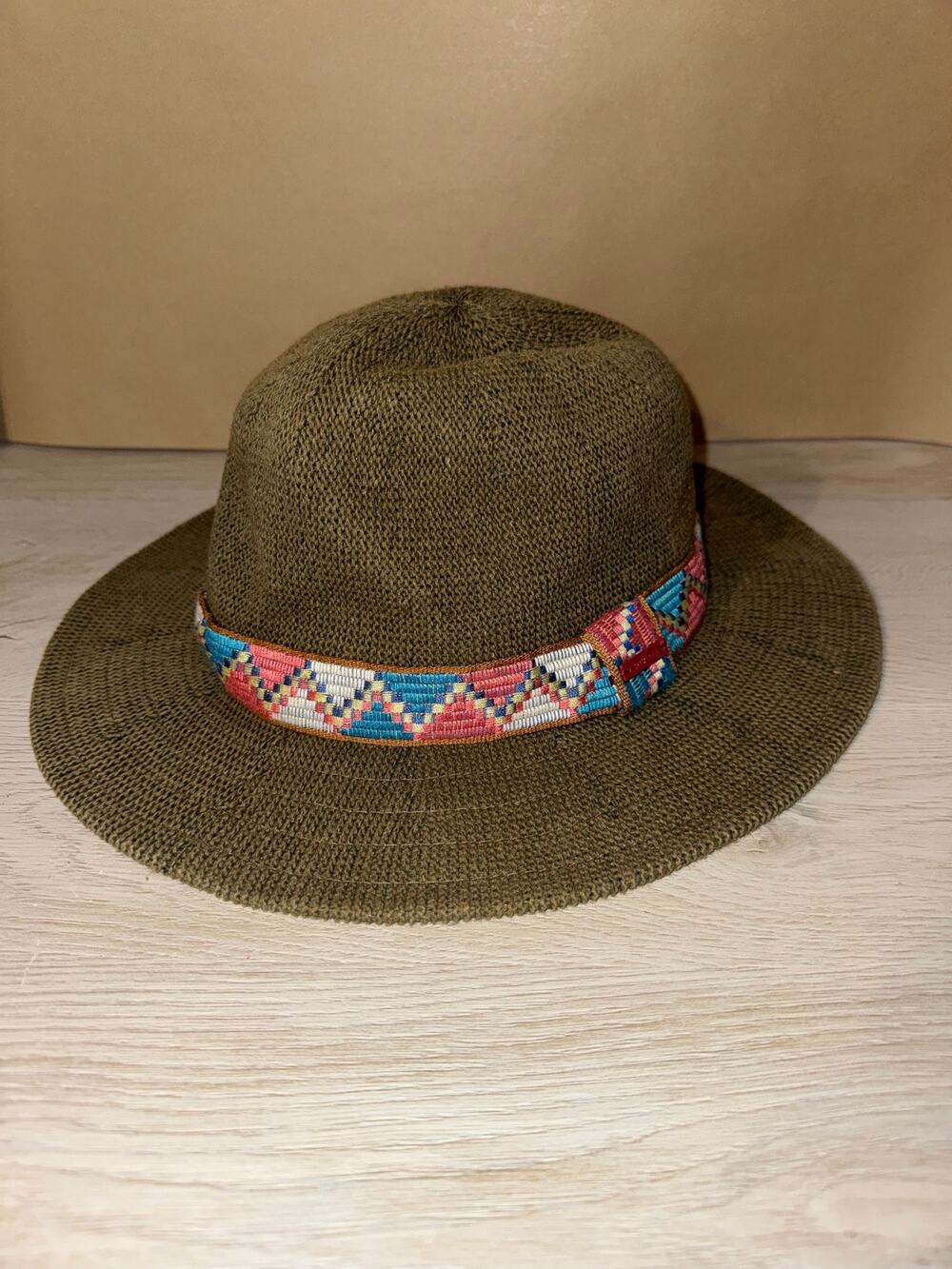 prAna Cybil Knit Fedora Olive Green Hemp Cotton Geometric Boho Hat
